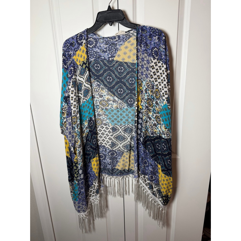 Crescent Blue Yellow Patchwork Fringe Kimono M or Swim Cover Up